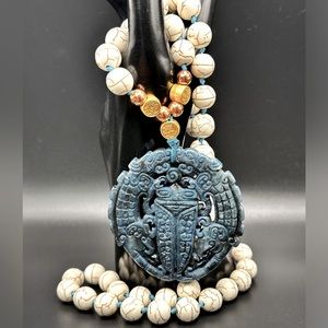 ANTIQUE JADE CHAN LOONG ( 蝉 龙 ) + CALCITE NATURAL STONE NECKLACE one size